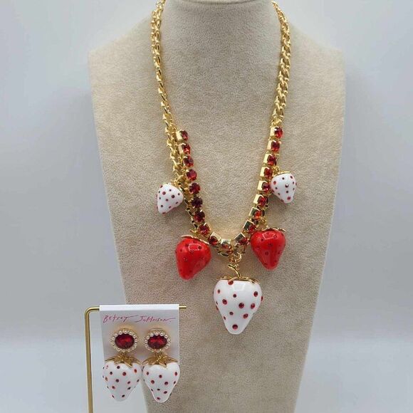 Betsey Johnson Jewelry - Betsey Johnson Enamel Red Crystal Strawberry Necklace & Earring Set NWT!  NEW!